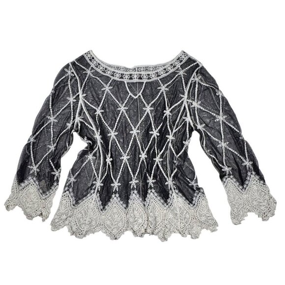 Whimsigoth Top Sz.L Black Mesh Embroidered Sheer Dark Romantic Witchy Goth - Picture 12 of 12